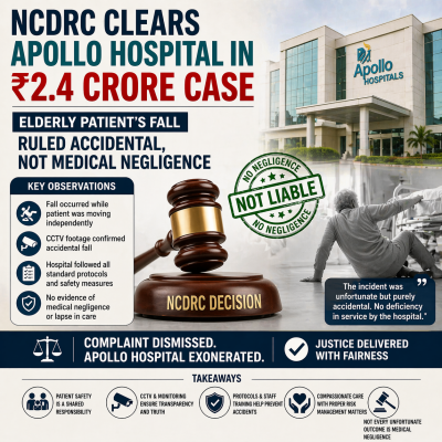 NCDRC Clears Apollo Hospital in ₹2.4 Crore Case: Elderly Patient’s Fall Ruled Accidental, Not Medical Negligence