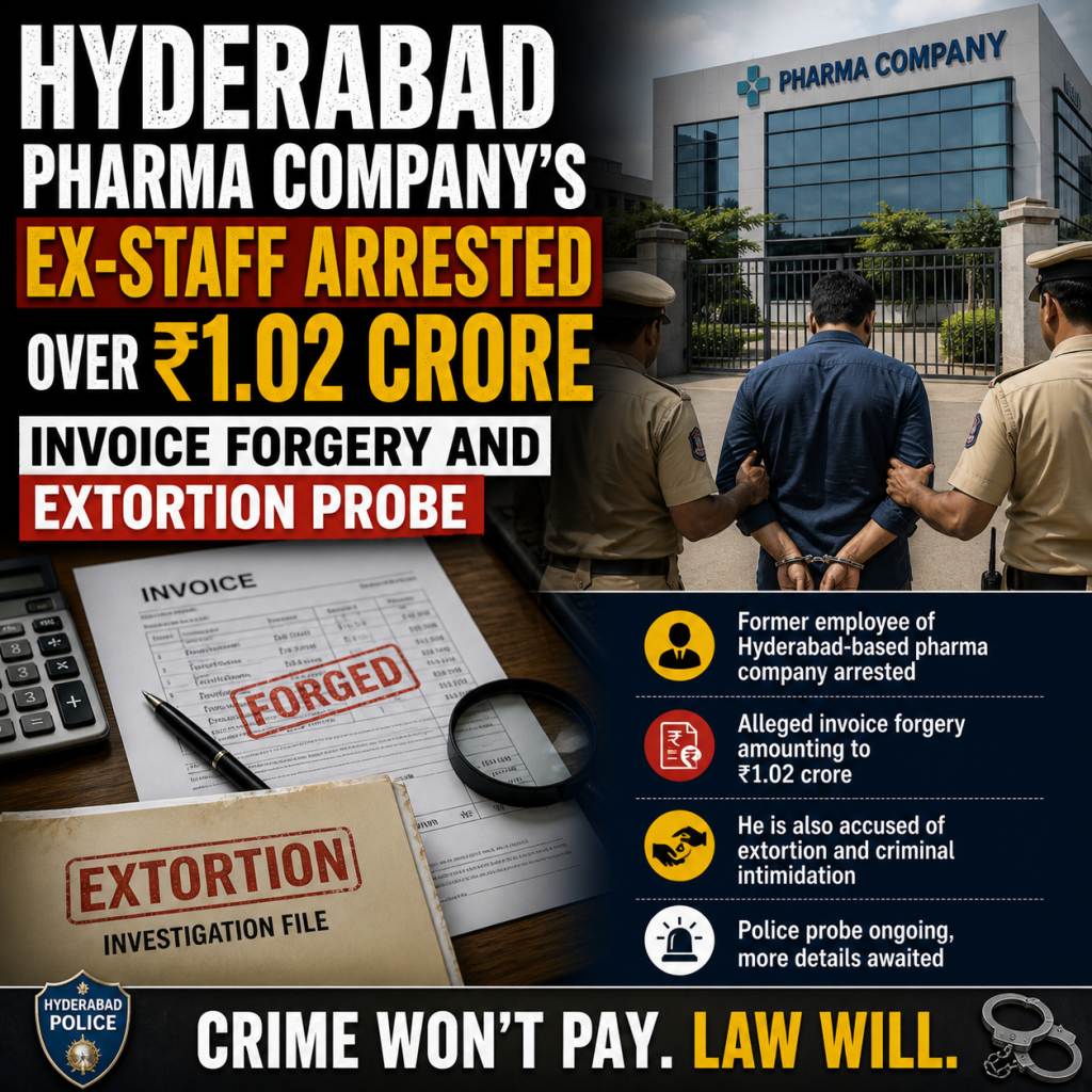 Hyderabad Pharma Company’s Ex-Staff Arrested Over ₹1.02 Crore Invoice Forgery and Extortion Probe