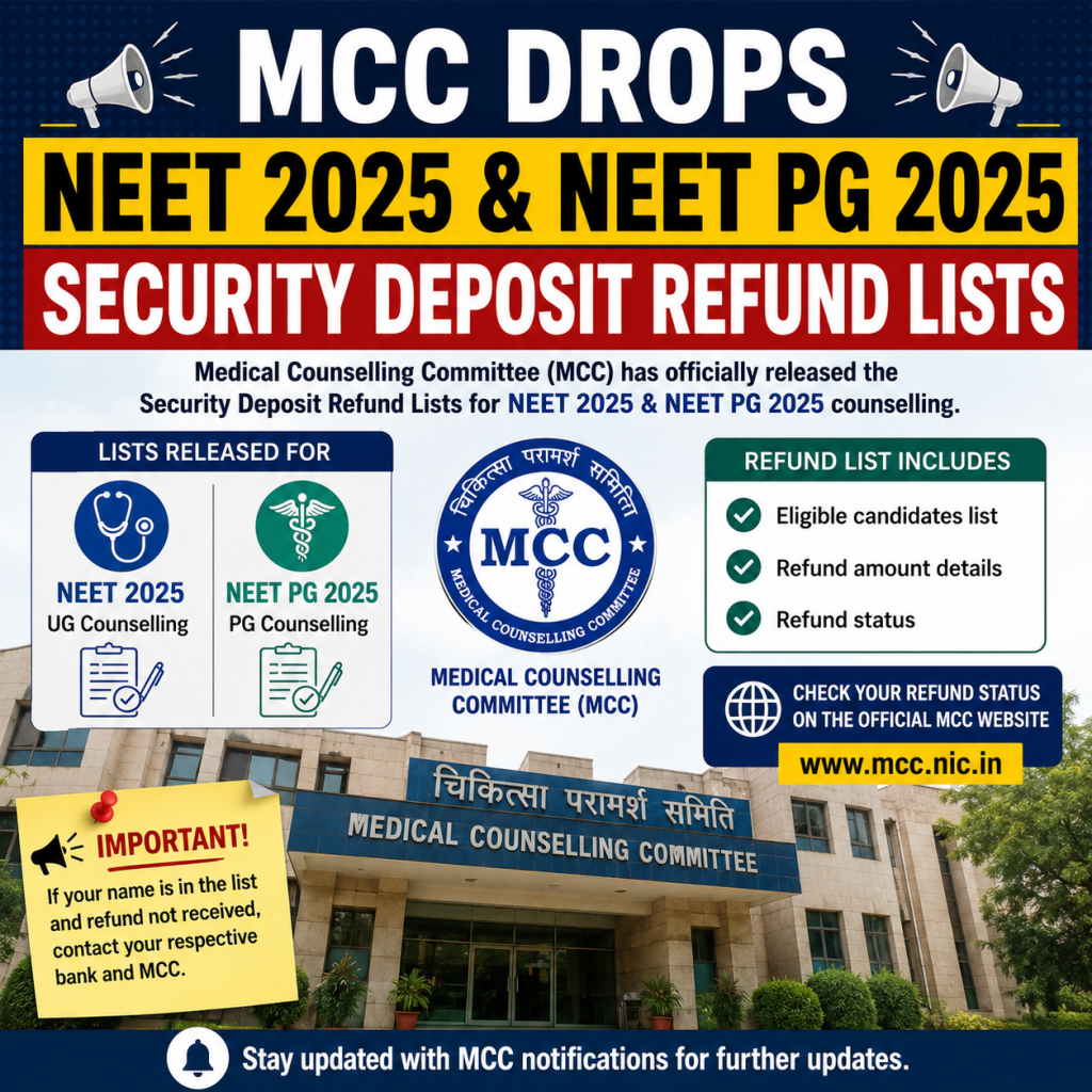 MCC Drops NEET 2025 & NEET PG 2025 Security Deposit Refund Lists