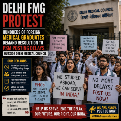 Delhi FMG Protest: Hundreds of Foreign Medical Graduates Demand Resolution to PSM Posting Delays Outside Delhi Medical Council