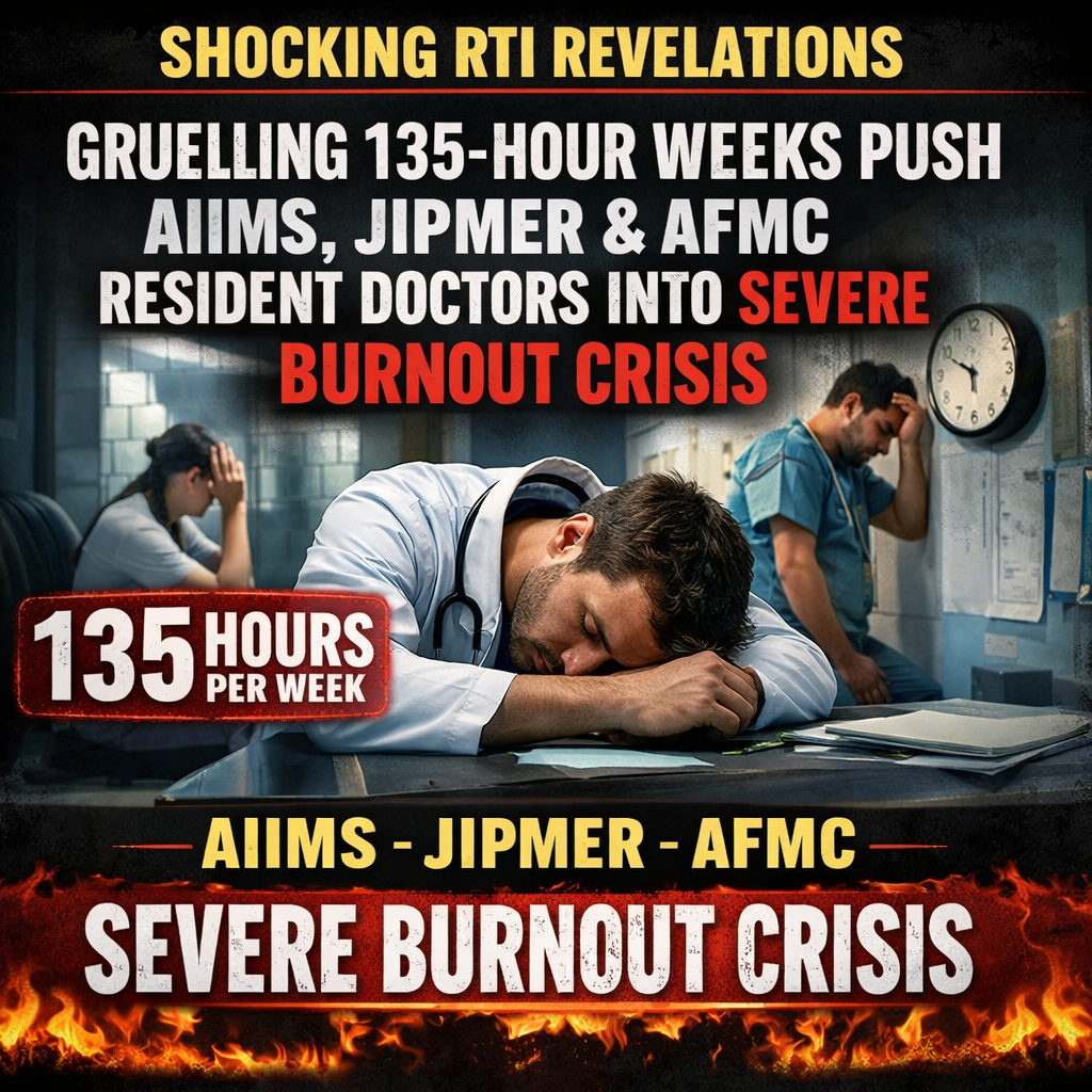 Shocking RTI Revelations: Gruelling 135 Hour Weeks Push AIIMS, JIPMER & AFMC Resident Doctors into Severe Burnout Crisis